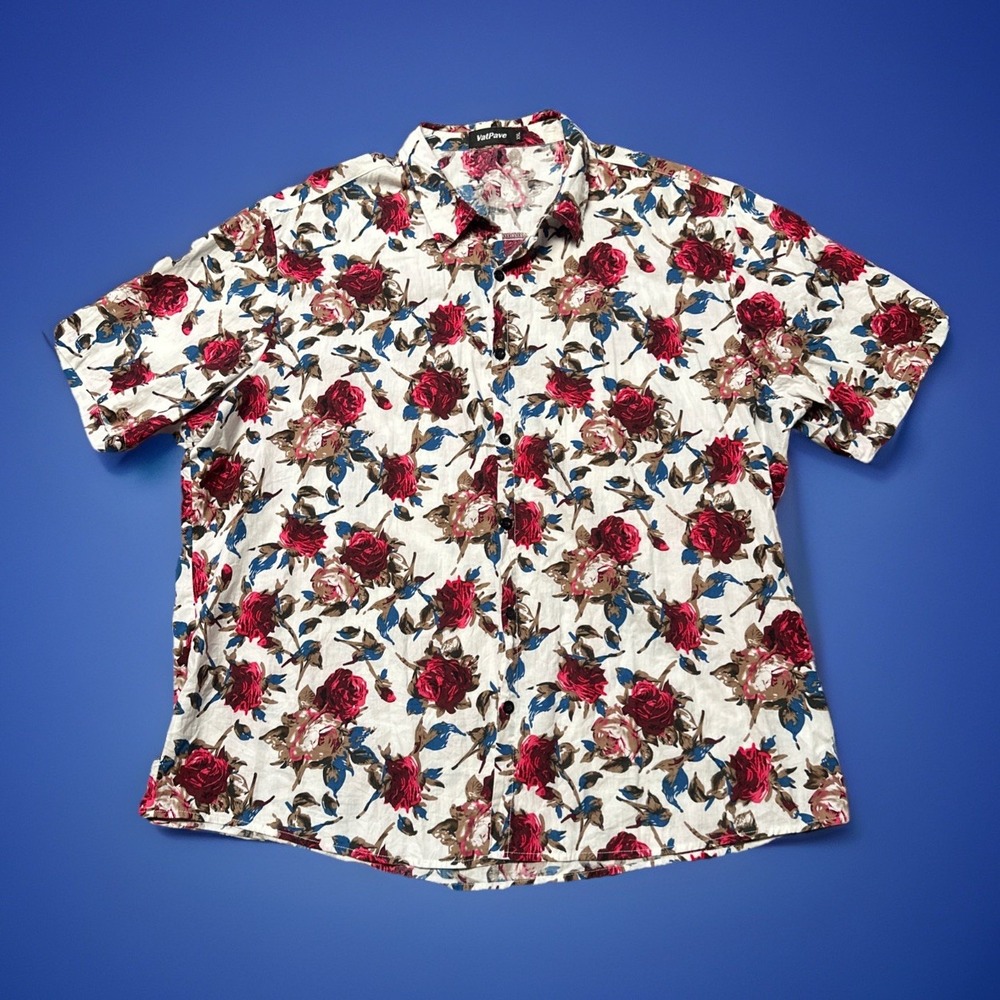 VTG VATPAVE Shirt Adult 2XL XXL Red White AOP Roses Button Up Hawaiian Mens